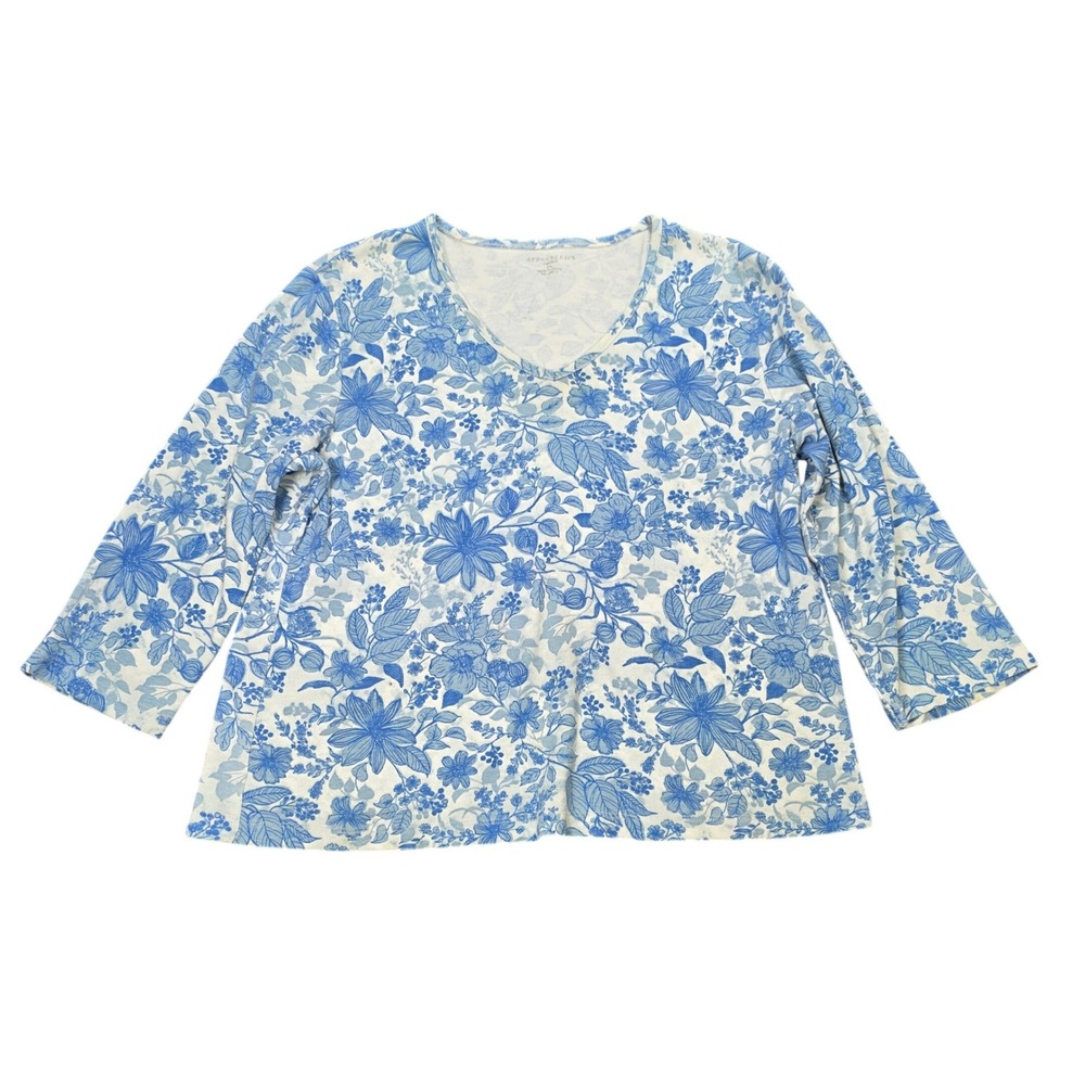 Appleseed's 3/4 Sleeve Cotton Top Women's Size PL Blue White Floral V-Neck